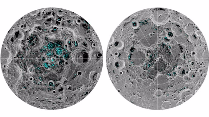 La imagen muestra la distribución de hielo de la superficie en los polos lunares