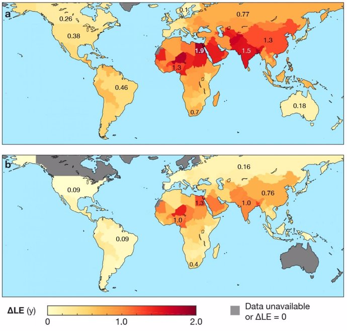 Mapa de cómo la contaminación atmosférica reduce la esperanza de vida mundial