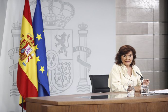 La vicepresidenta, Carmen Calvo, en la rueda de prensa posterior al Consejo de M