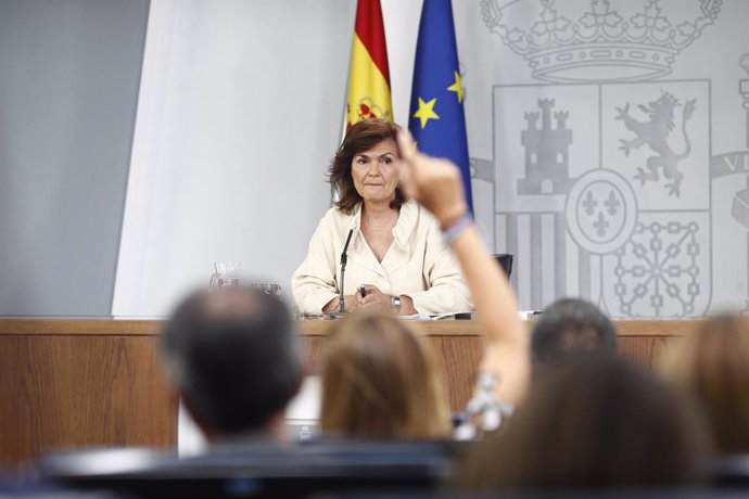 La vicepresidenta, Carmen Calvo, en la rueda de prensa posterior al Consejo de M
