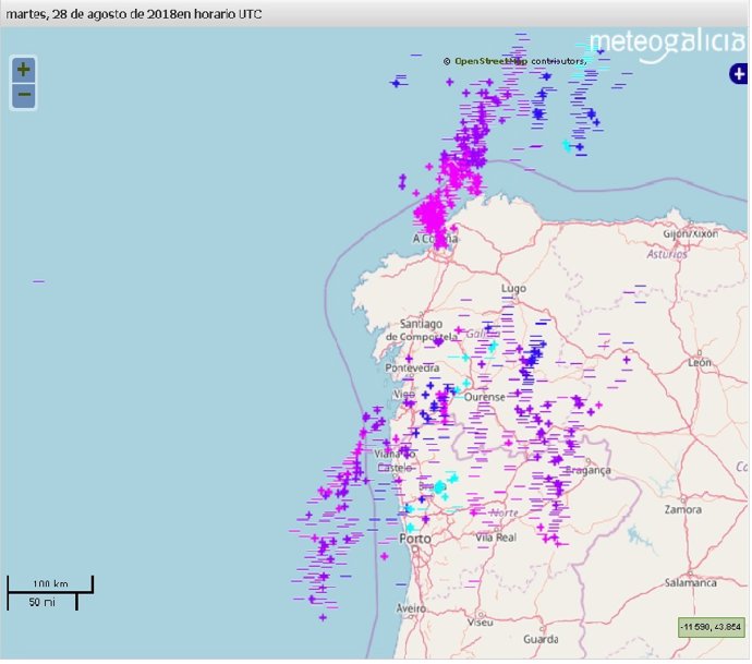 Mapa de rayos en horario UTC (DOS HORAS MENOS QUE EN GALICIA) del 28 de agosto