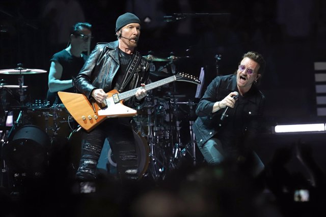 Bono, the Edge, and Larry Mullen Jr. Of U2 perform in concert at Madison Square 