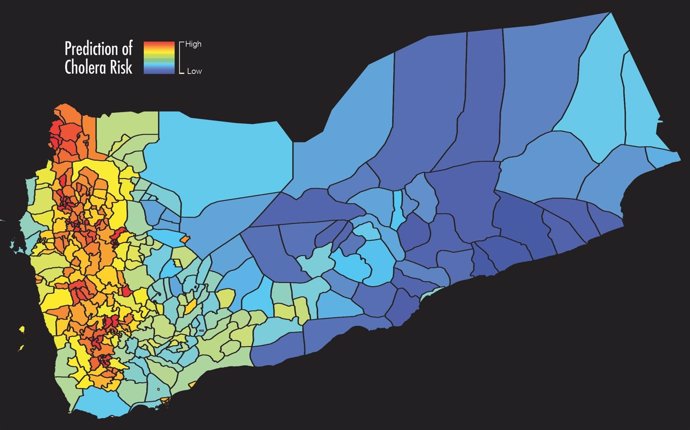 Mapa del riesgo de cólera previsto en base a los datos satelitales en Yemen