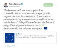 Pedro Sánchez alaba a Bono (U2) por reivindicar el europeísmo frente a los nacionalismos radicales