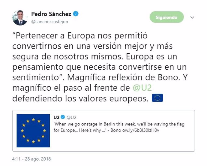 Tweet de Pedro Sánchez alabando un artículo del cantante Bono