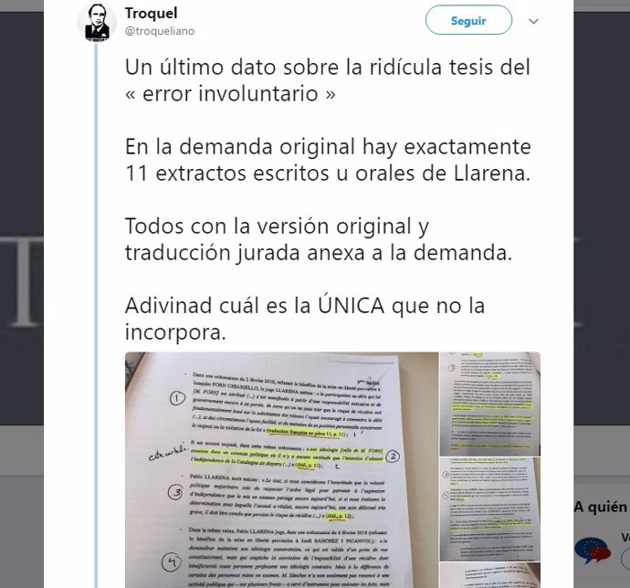 Tuitero denuncia manipulación en la demanda contra Llarena