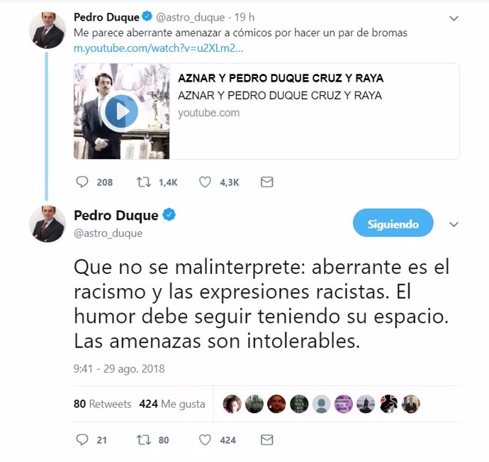 Tuit de Pedro Duque sobre la polémica por el chiste de Rober Bodegas