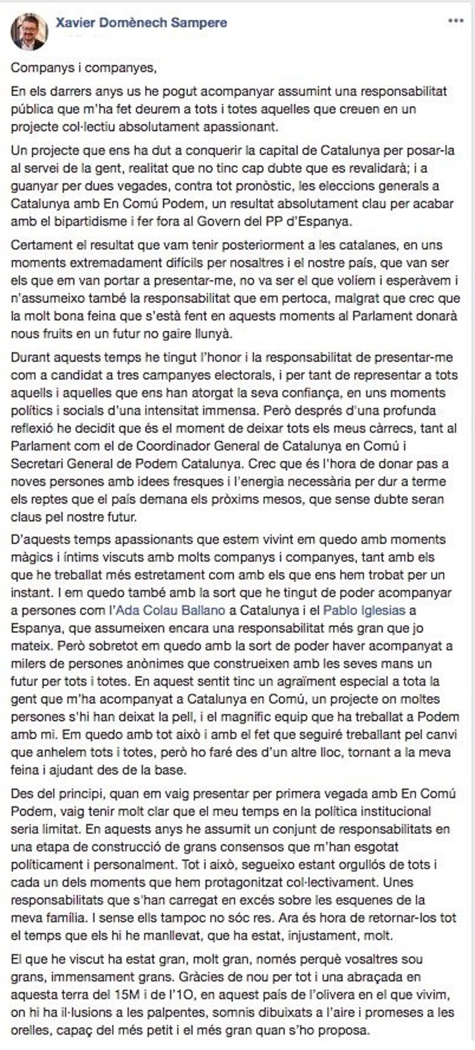 Mensaje de Facebook en que Xavier Domènech anuncia su retirada de la política