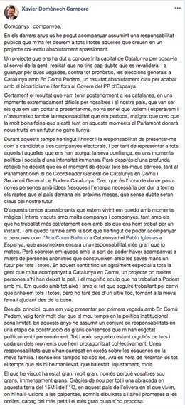 Missatge de Facebook en què Xavier Domènech anuncia la seva retirada de la polít