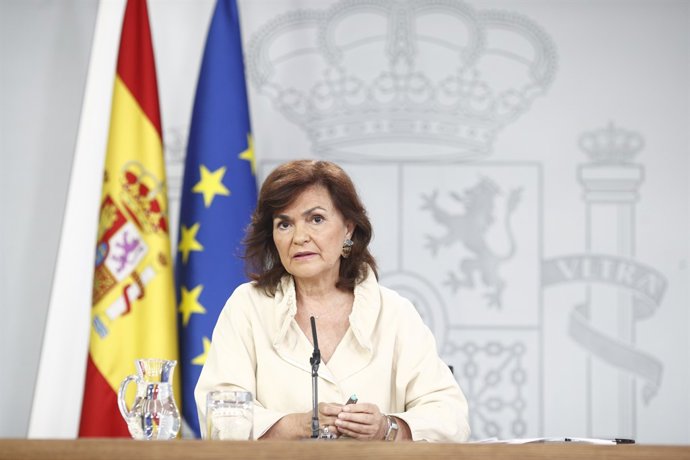 La vicepresidenta, Carmen Calvo, en la roda de premsa posterior al Consell de 