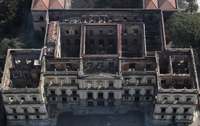 An aerial view of the National Museum of Brazil after a fire burnt it in Rio de 