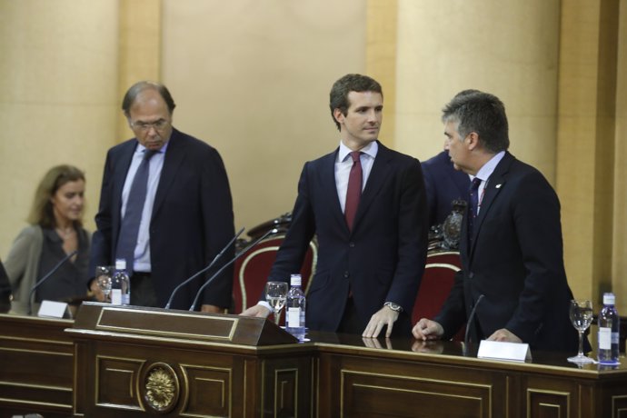 El president del PP, Pablo Casado, presideix la reunió del Grup Popular en el 