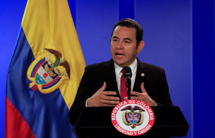 Guatemala's President Jimmy Morales speaks during a news conference in Bogota, C