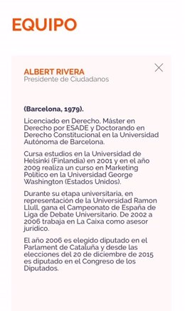 Captura del web de Cs amb el currículum d'Albert Rivera