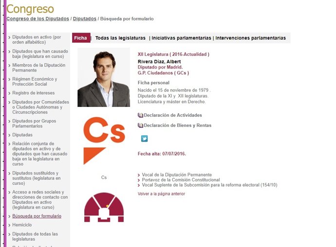 Fitxa d'Albert Rivera al Congrés dels Diputats 