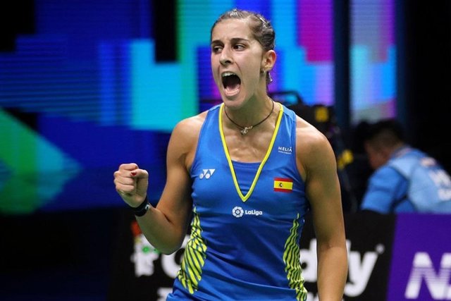 Carolina Marín celebra un punto en la final del Mundial