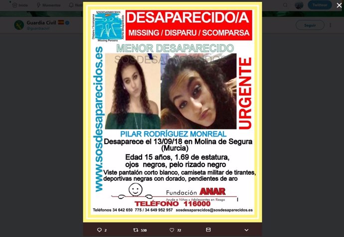 Imagen de la menor desaparecida en Molina de Segura