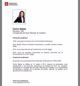 Nuevo CV de Carina Mejías en la web del Ayuntamiento de Barcelona