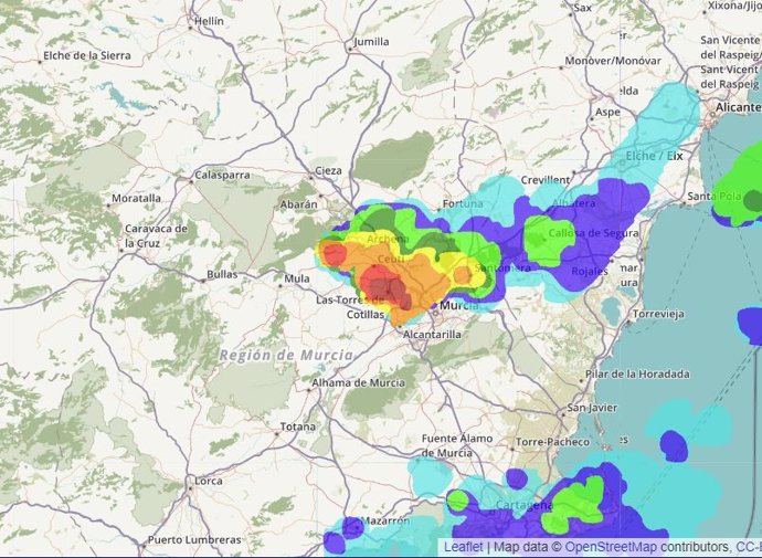 Mapa de tormenta en Murcia