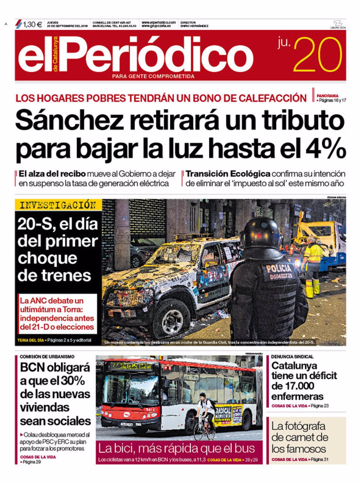 Las portadas de los periódicos del jueves 20 de septiembre de 2018