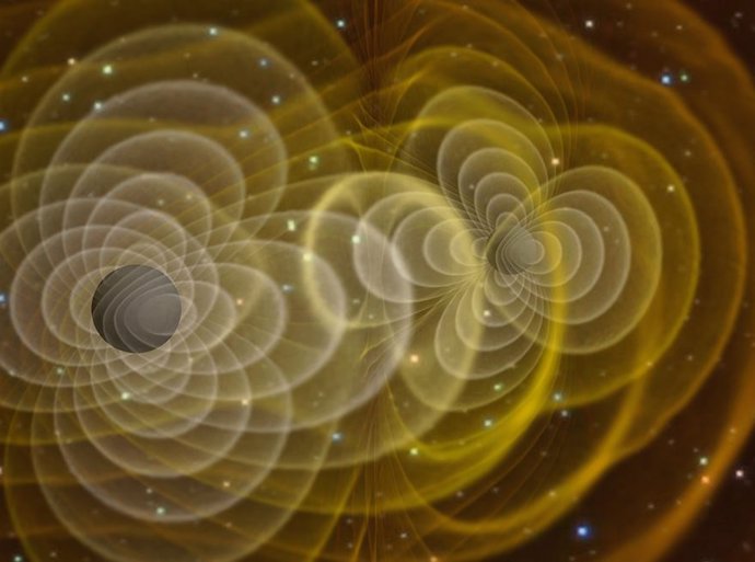 Simulación de fusión de agujeros negros emitiendo ondas gravitacionales
