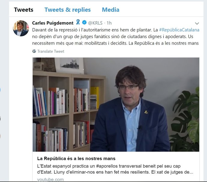 Missatge de Carles Puigdemont en el 1r aniversari de la concentració a Economia