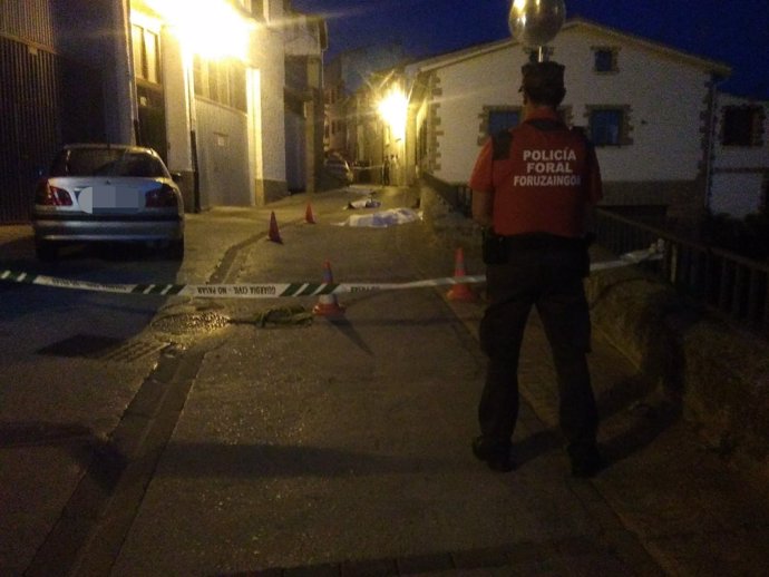 Un agente frente a la zona donde se ha producido un tiroteo en Cáseda (Navarra)
