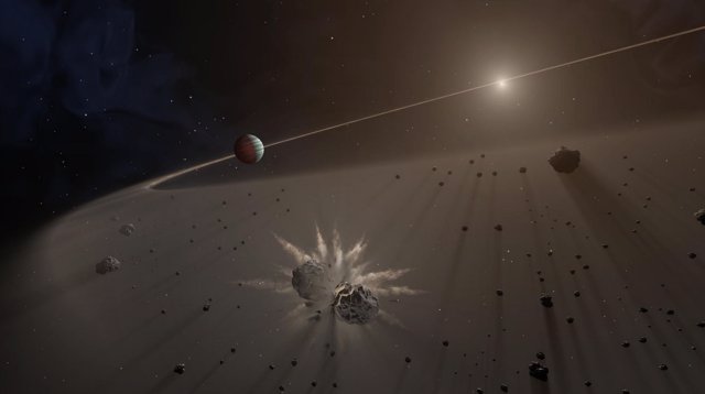 Polvo y fragmentos planetarios orbitando una estrella