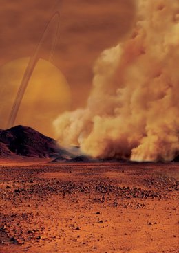 Impresión del artista de una tormenta de polvo en Titán