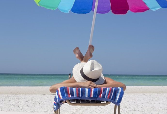 Playa, sol, mar, sombrilla, hamaca, sombrero, vacaciones, dormir, relajación