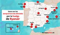 Estos son los aeropuertos afectados por la huelga de Ryanair