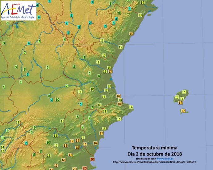 Temperaturas mínimas de este martes en la Comunitat Valenciana