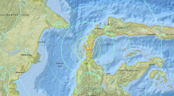 Mapa del terremoto en la isla de Célebes