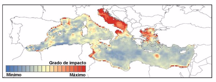 Mapa de áreas del Mediterráneo amenazadas por actividad humana