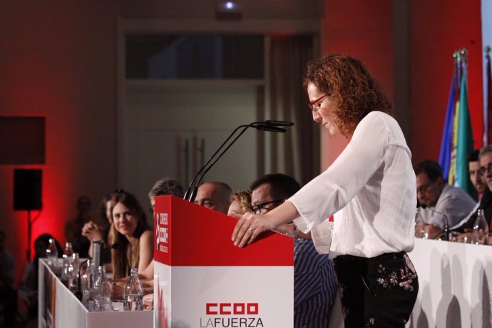 Nuria López interviene ante el 12º Congreso como nueva líder de CCOO Andalucía.