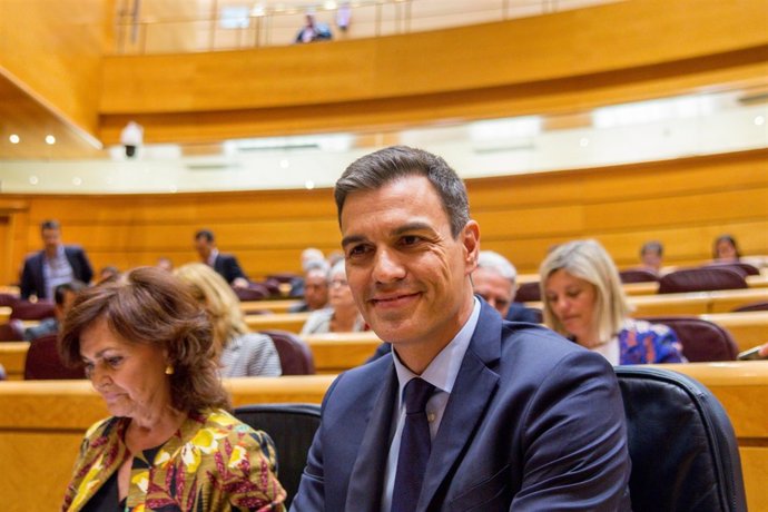 Pedro Sánchez y Carmen Calvo en el Senado