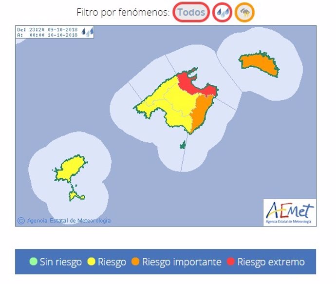 Aviso rojo por lluvias en Mallorca, según el mapa de previsiones de Aemet