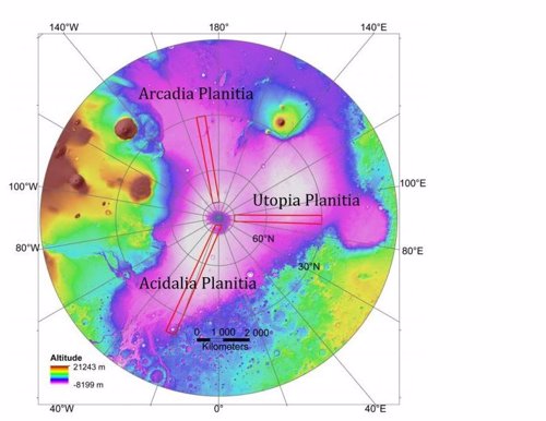 Localización de regiones estudiadas en las llanuras del norte de Marte