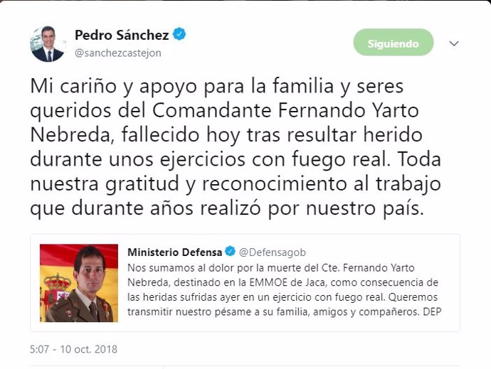 Tweet de Pedro Sánchez con condolencias por la muerte del comandante Yarto