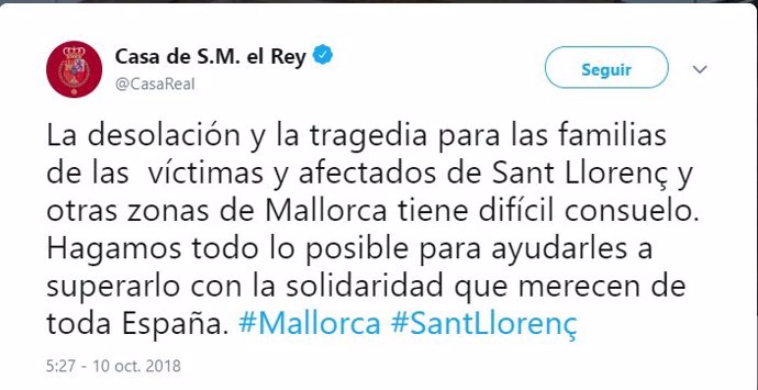 Tweet de la Casa Real tras las inundaciones en Sant Llorenç