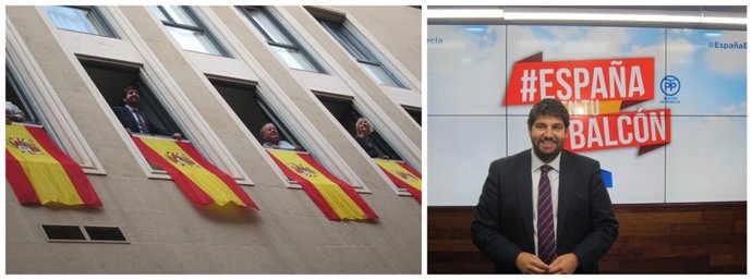 López Miras despliega la bandera, a la izquierda, y presenta la campaña