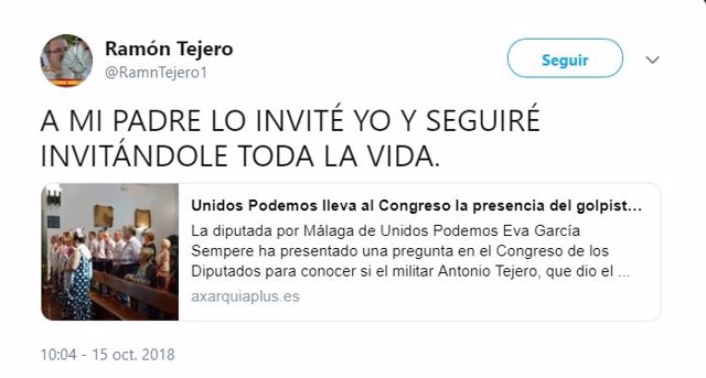 Imagen del tweet del hijo de Antonio Tejero