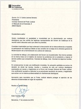Carta de la consellera Ester Capella al pte.Del CGPJ Carlos Lesmes
