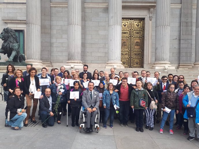 Personas con discapacidad y diputados en la puerta del Congreso de los Diputados