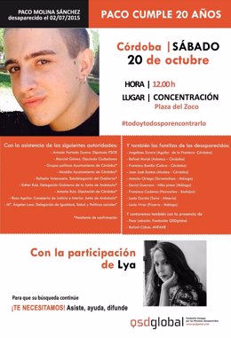 Cartel de la concentración por el 20 cumpleaños del desaparecido Paco Molina