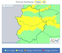El riesgo por fuertes lluvias continuará el domingo en el centro de Extremadura