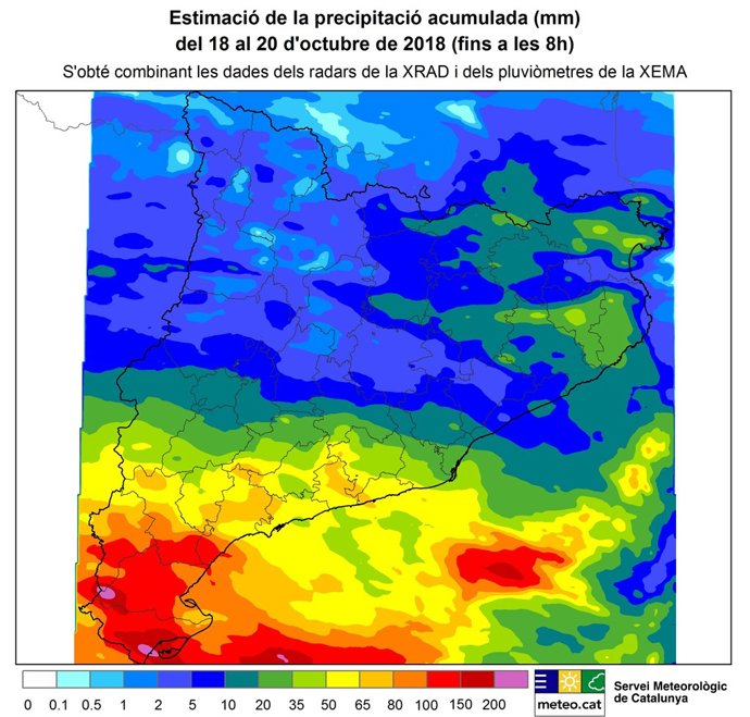 PLUJA precipitació acumulada (mm) del 18 al 20 d'octubre de 2018