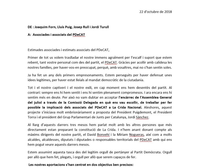 Carta de Forn, Puig, Rull y Turull sobre el PDeCAT y la Crida
