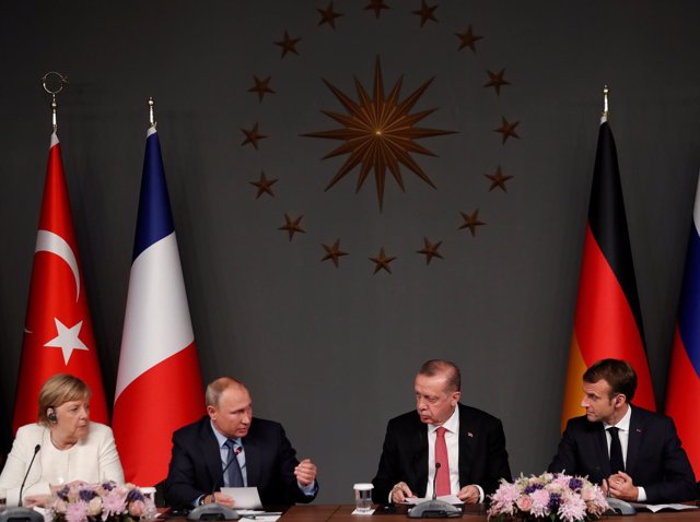 Angela Merkel, Vladimir Putin, Recep Tayyip Erdogan y Emmanuel Macron 