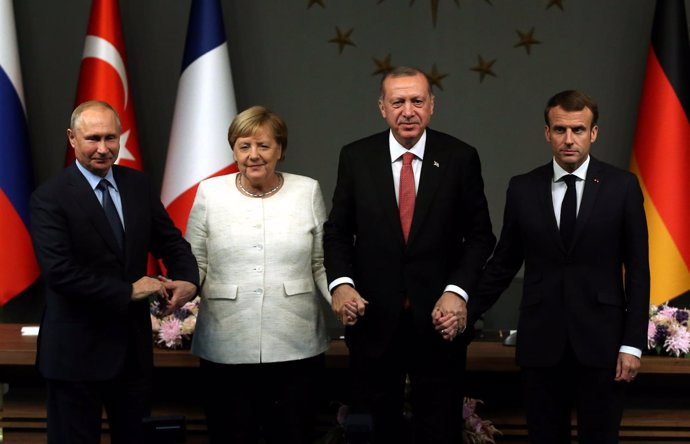 Angela Merkel, Vladimir Putin, Recep Tayyip Erdogan y Emmanuel Macron